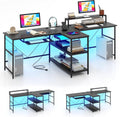 Tangkula 2-Person Reversible Computer Desk with LED Lights, 94.5' Long Office Desk with Power Outlets, Monitor Stand, Keyboard Tray & 2 Storage Shelves, Double Desk for Gaming Working Writing (Black)