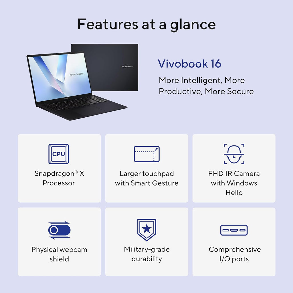 ASUS Vivobook 16 Laptop, 16' WUXGA 60Hz Display, Qualcomm Snapdragon X, Qualcomm Adreno GPU, 16GB RAM, 512GB SSD, Windows 11, Quiet Blue, X1607QA-DS54