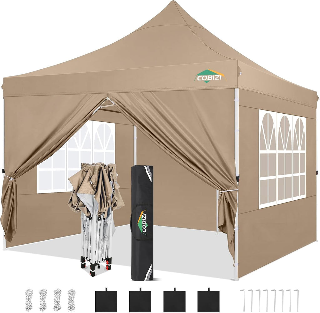 COBIZI 10x10 Pop Up Canopy with 4 Sidewalls, Pop up Tent 10x10 for Parties, Backyard, Commercial, Waterproof and Portable Instant Shelter UV50+ Ez Outdoor Canopy Gazebo with 4 Sandbags