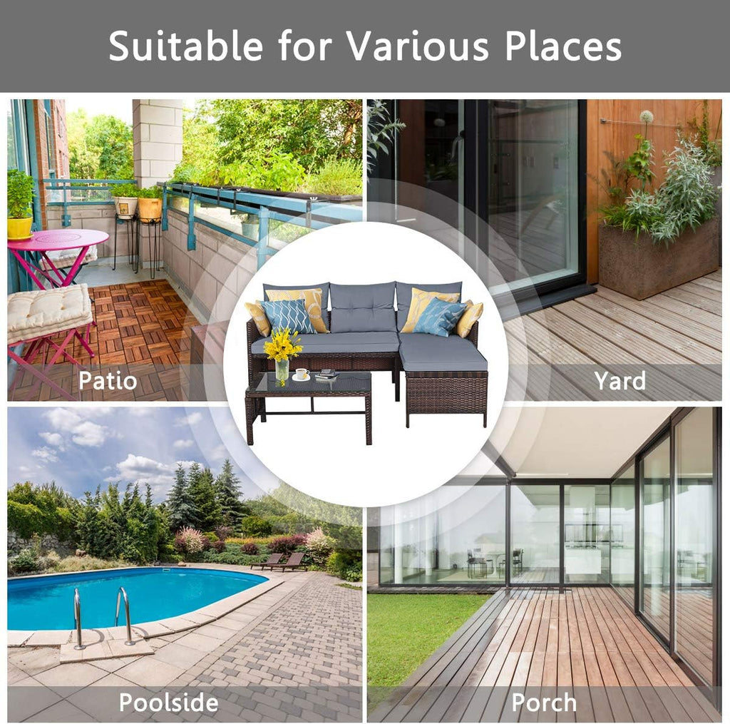 DORTALA Wicker Patio Furniture Set Couch 3 Piece, L-Shaped PE Rattan Outdoor Sectional Sofa Conversation Set with Loveseat, Lounge and Tempered Glass Coffee Table for Garden Lawn Deck, Grey