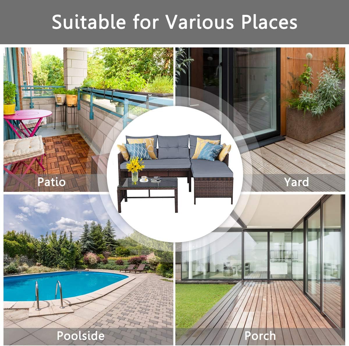DORTALA Wicker Patio Furniture Set Couch 3 Piece, L-Shaped PE Rattan Outdoor Sectional Sofa Conversation Set with Loveseat, Lounge and Tempered Glass Coffee Table for Garden Lawn Deck, Grey