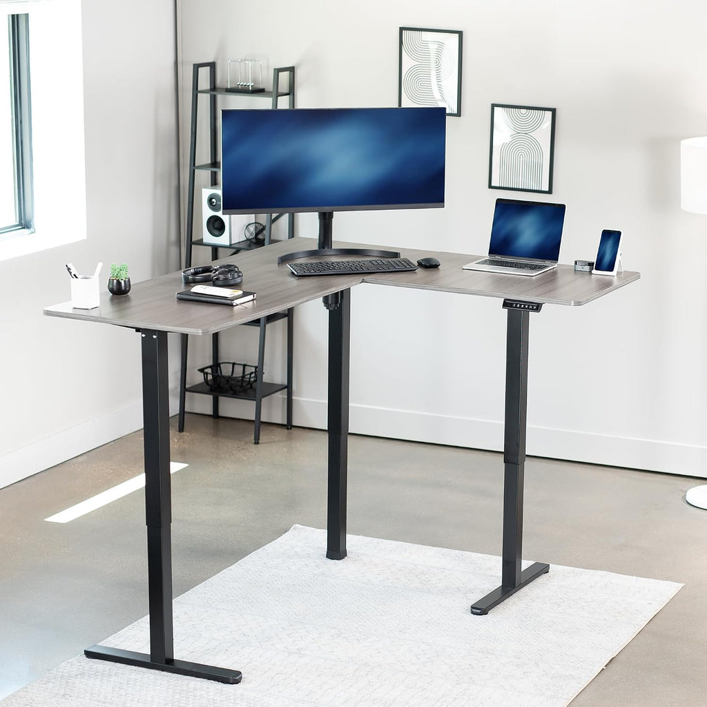 VIVO Corner Standing Desk, 63 x 55 inch Reversible L-Shaped Workstation, Electric Height Adjustment, Home, Office, and Reception Rooms, Dark Gray Table Top Black Frame, DESK-E3CTG