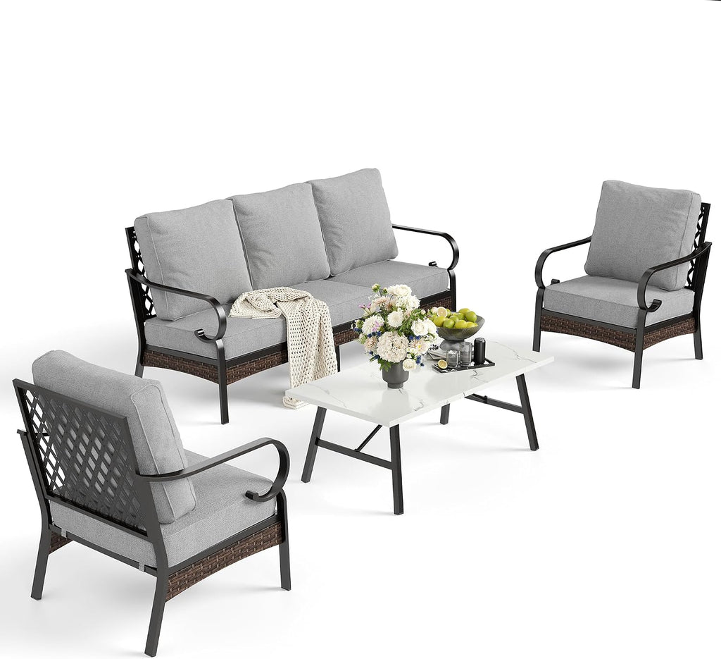 SUNSHINE VALLEY 4 Piece Metal Outdoor Patio Furniture Set, Patio Conversation Sets 1 3-seater Sofa, 2 Chairs with 5.75' Extra Thick Cushion and Coffee Table, Black Frame Backyard Furniture, Light Gray