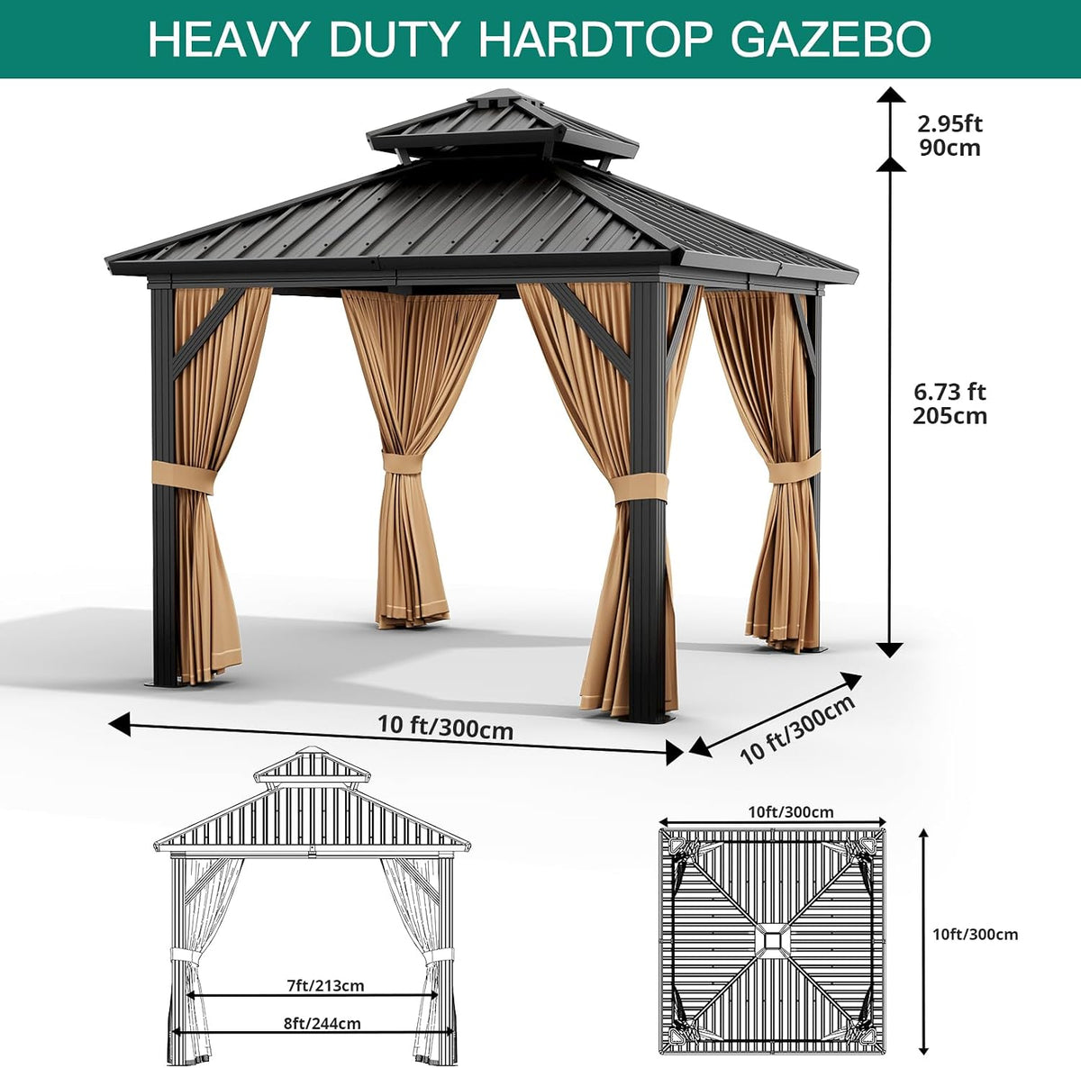 GAOMON Hardtop 10x12ft Gazebo, Double Roof Canopy with Netting and Curtains, Wood Grain Outdoor Gazebo Galvanized Iron Aluminum Frame Garden Tent for Patio, Backyard, Deck, Lawns