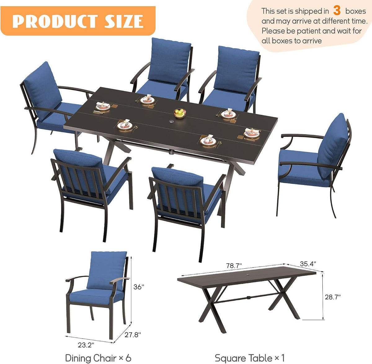 7-Piece Patio Dining Set Outdoor Conversation Set,Metal Outdoor Furniture Set with Umbrella Hole Cut-Out 78.7' x 35.4' Table and 6 Metal Backrest Chairs for Backyard,Garden,NavyBlue