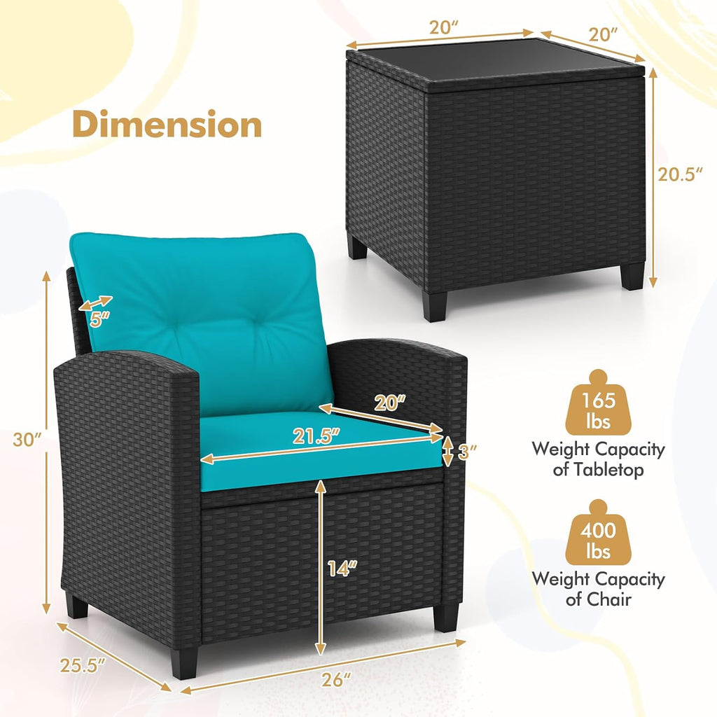 HAPPYGRILL 3 Pieces Wicker Patio Conversation Set, PE Rattan Bistro Sofa Set with Tempered Glass Coffee Table, Washable Cushions, Outdoor Furniture Set for Garden Poolside Balcony (Turquoise)