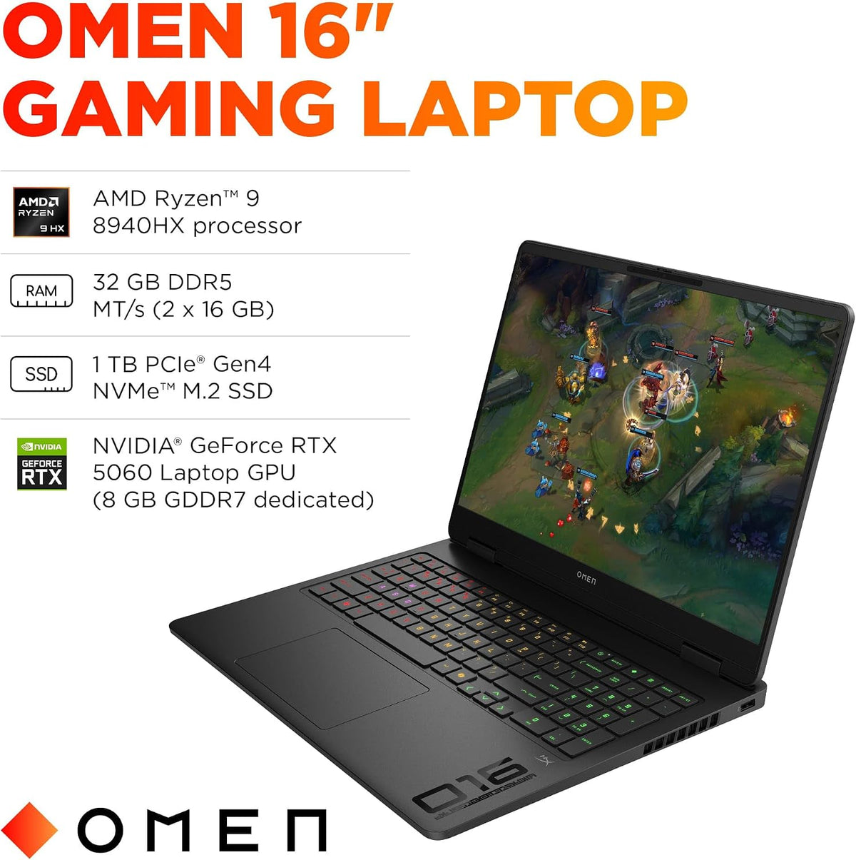 HP OMEN 16 Slim Gaming Laptop w/ Headset (AMD Ryzen 9 8940HX, 32GB DDR5, 1TB SSD, NVIDIA RTX 5060 8GB, 16-core (>Ultra 7-155H)), FHD+ 144Hz Display, 4-Zone RGB Backlit, IR Webcam, Wi-Fi, Win 11 Home