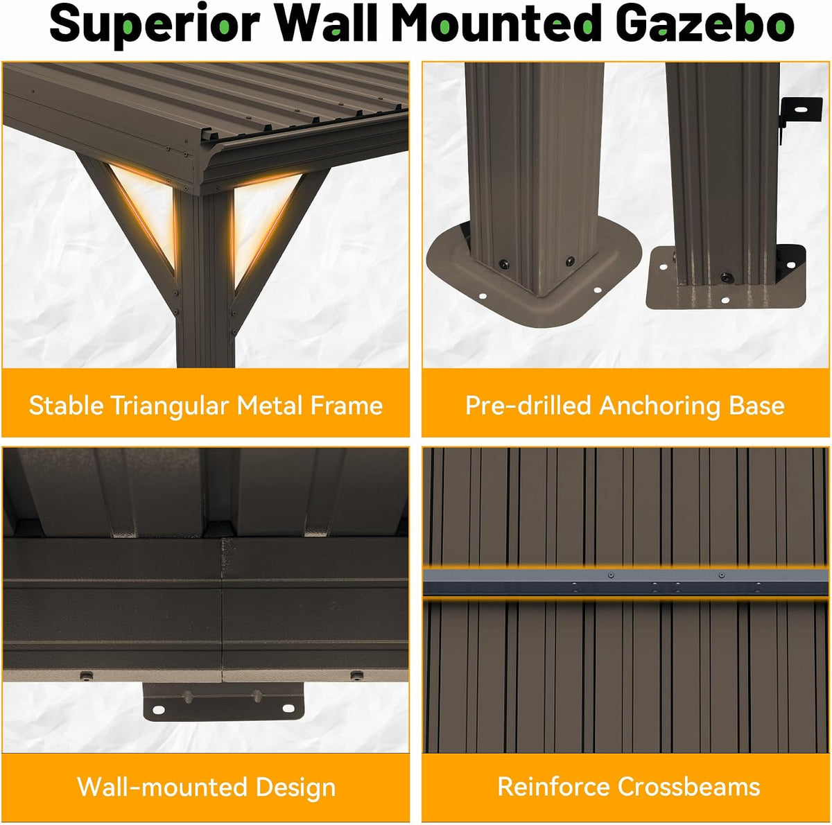 8x8FT Lean to Gazebo, Outdoor Hardtop Wall Mounted Gazebo with Gutter & Sloping Galvanized Steel Roof, Metal Hard Top Awnings for Deck, Porch, Backyard- Brown