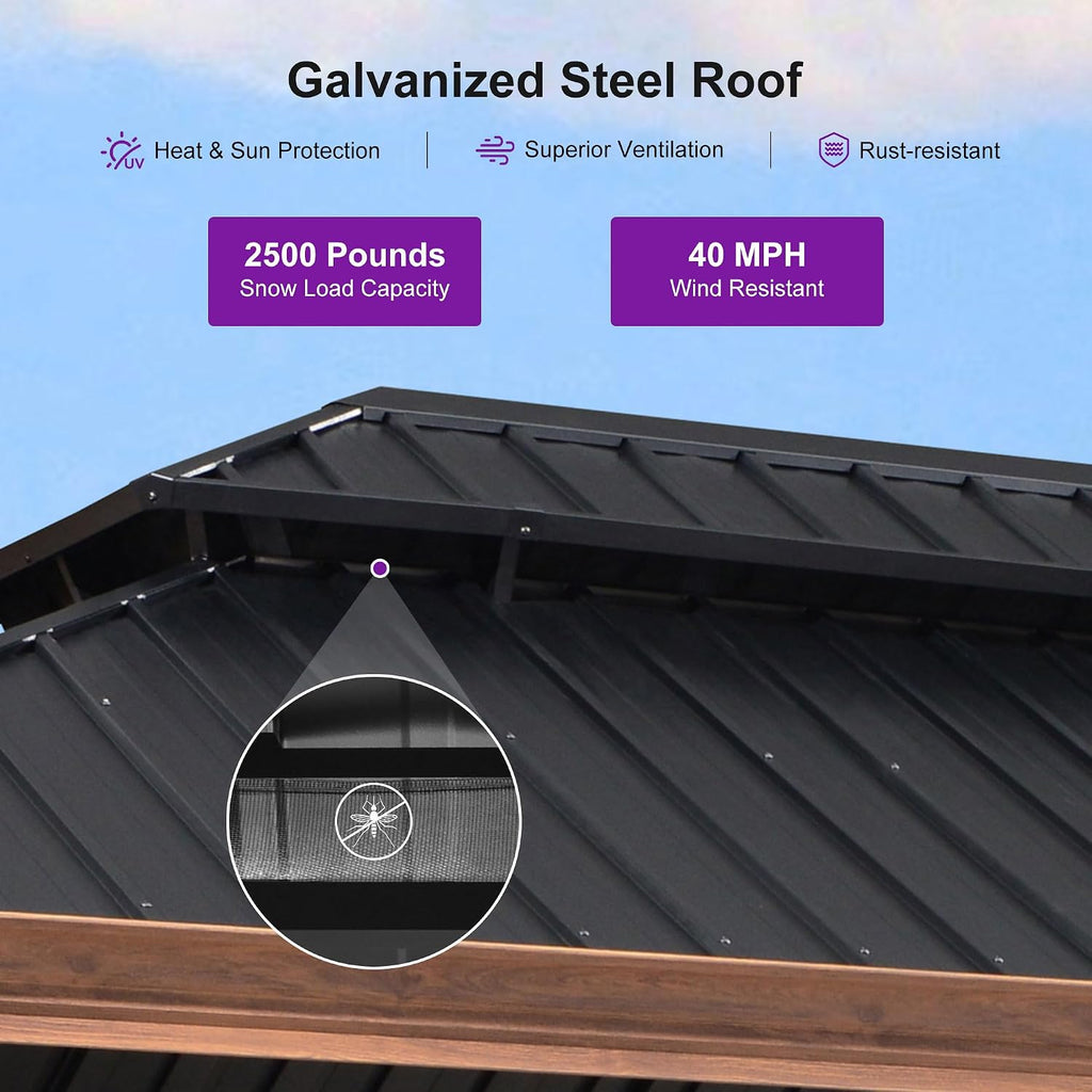 PURPLE LEAF 12' X 24' Outdoor Hardtop Gazebo for Patio Galvanized Steel Double Roof Permanent Canopy Teak Finish Coated Aluminum Frame Pavilion Gazebo with Netting