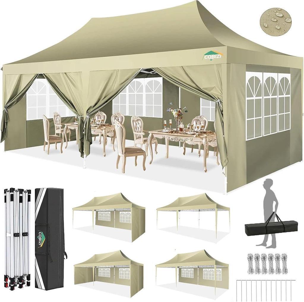 COBIZI 10x20 Pop up Canopy Tent with 6 Sidewalls, Easy Set up Canopy Tents Gazebos for Parties with Metal Frame, Waterproof & UV50+, Height Adjustable, Potable Carry Bag (Khaki)