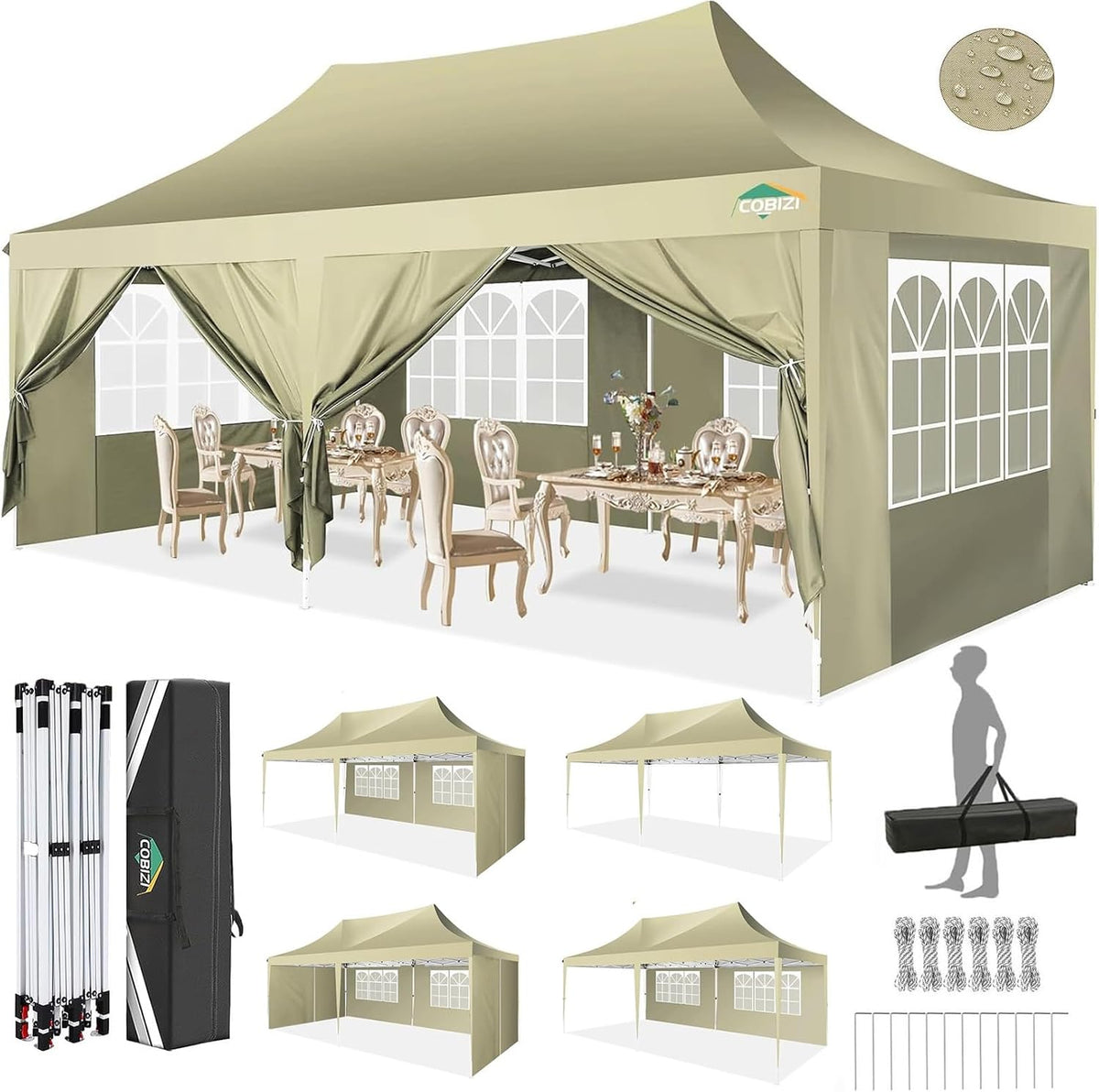 COBIZI 10x20 Pop up Canopy Tent with 6 Sidewalls, Easy Set up Canopy Tents Gazebos for Parties with Metal Frame, Waterproof & UV50+, Height Adjustable, Potable Carry Bag (Khaki)