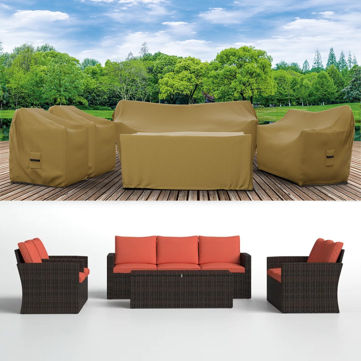 Covers & All Patio Furniture Cover Set, 5 Piece Outdoor Furniture Covers, Water-Repellent UV & Weather-Resistant Covers for Sofa, Loveseat, Chairs & Coffee Table with Elastic & Padded Handles