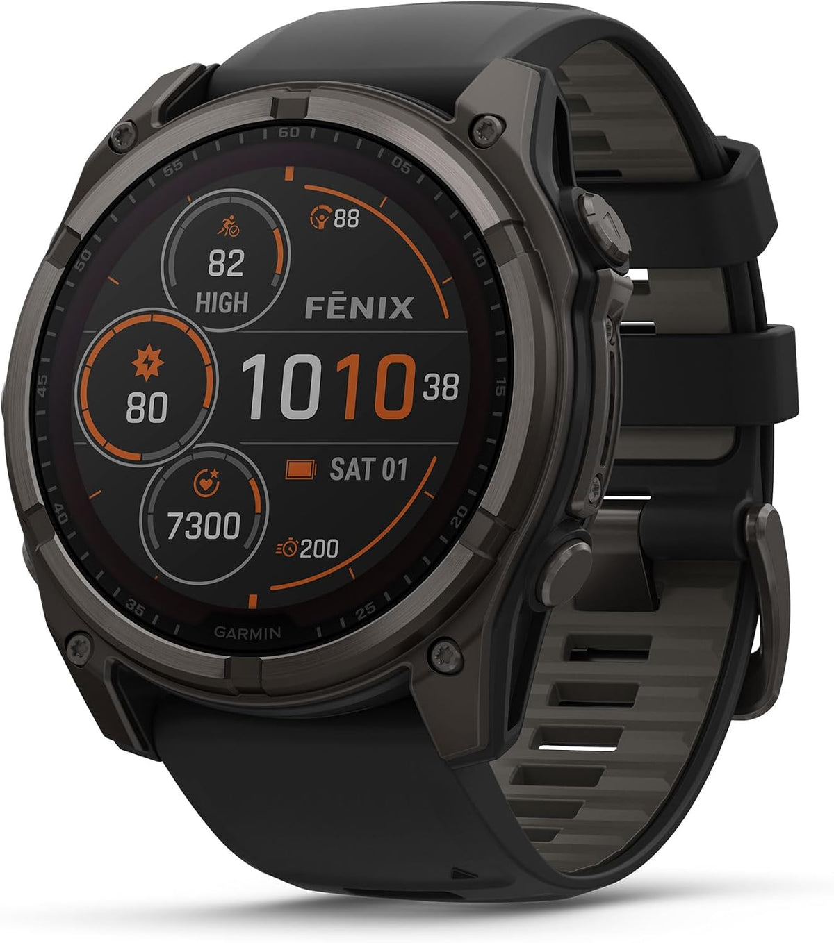 Garmin Fenix 8 Premium Multisport GPS Running Smartwatch, 51 mm, Sapphire, Solar, Dive-Rated, Built-in Flashlight, DLC Titanium with Pebble Gray Band - Signature Series Charging Stand