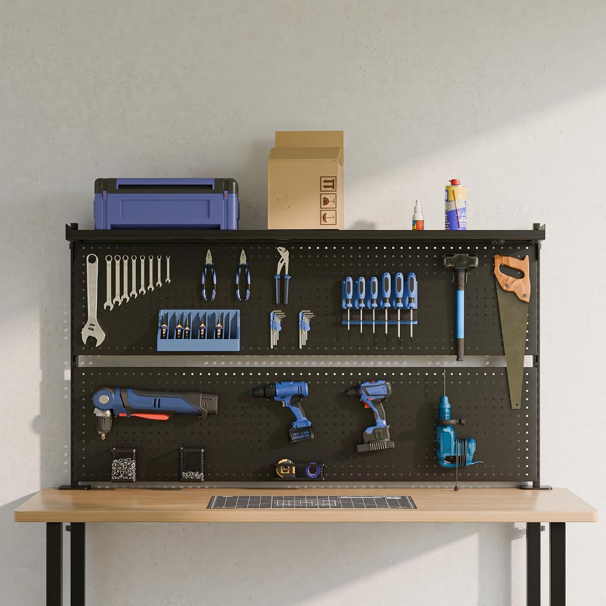 EUREKA ERGONOMIC Desk Pegboard with Dual Monitor Stands, LED Metal Pegboard for Gaming Desk, Privacy Panel with 4 Accessories Modular Hanging, Computer Accessories for Office, 59 x 34 Inch, Black