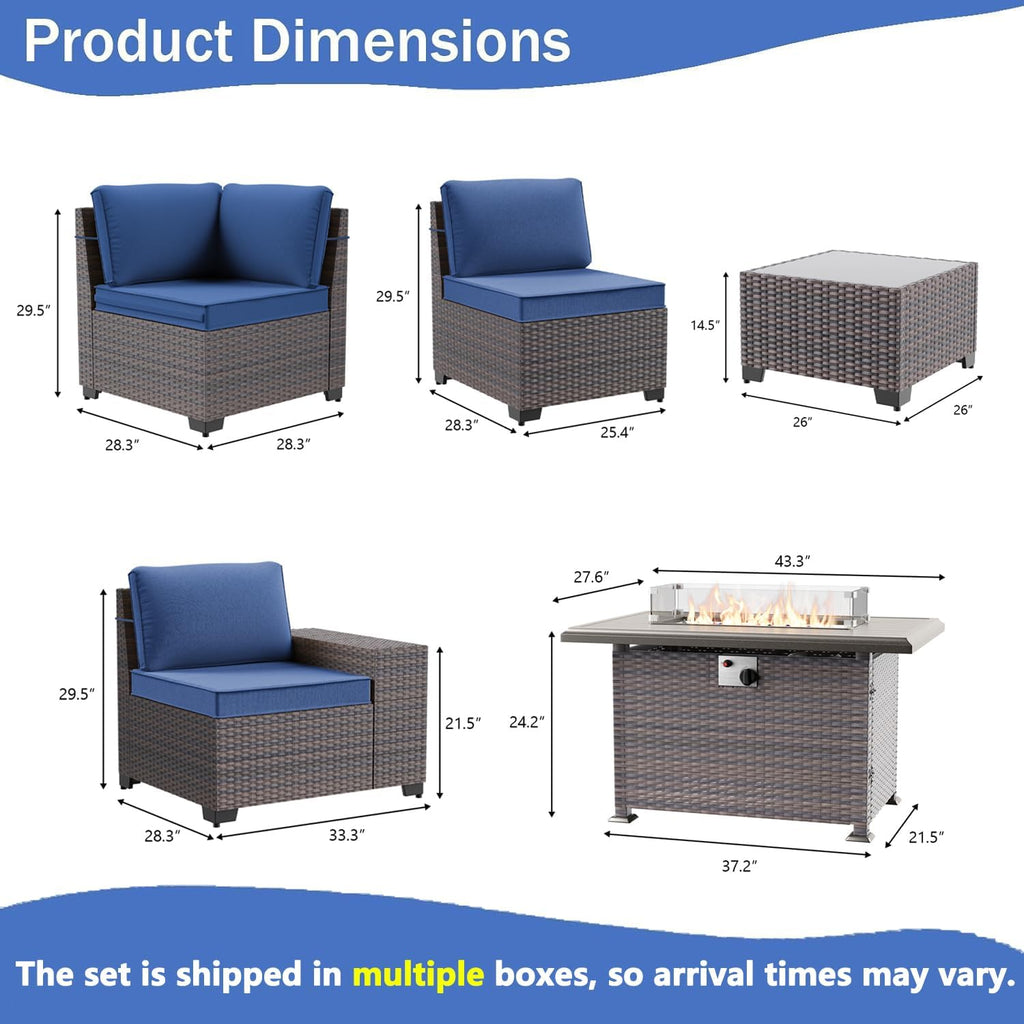 7 PCS Outdoor Patio Furniture Set,Outdoor Sectional Furniture with 43' 55000 BTU Gas Propane Fire Pit Table,All Weather PE Rattan Wicker Patio Conversation Set,Navy Blue
