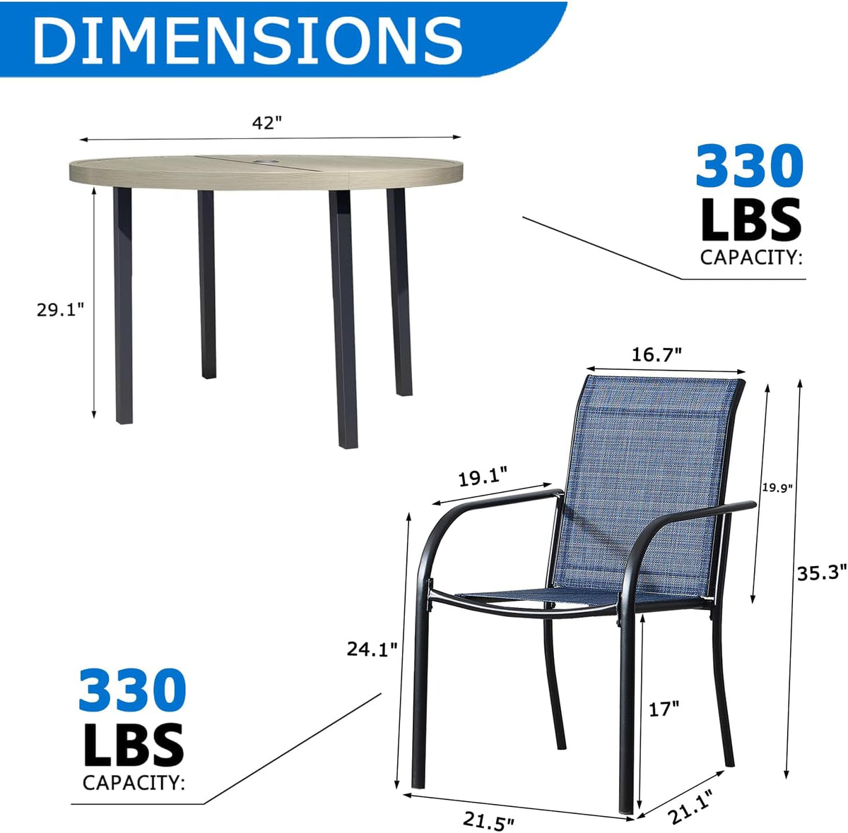 5-Piece Patio Furniture Set, Patio Table and Chairs Set of 4, Ivory Round Patio Table and Light Blue Chairs, Patio Furniture Set for Garden, Yard, Patio
