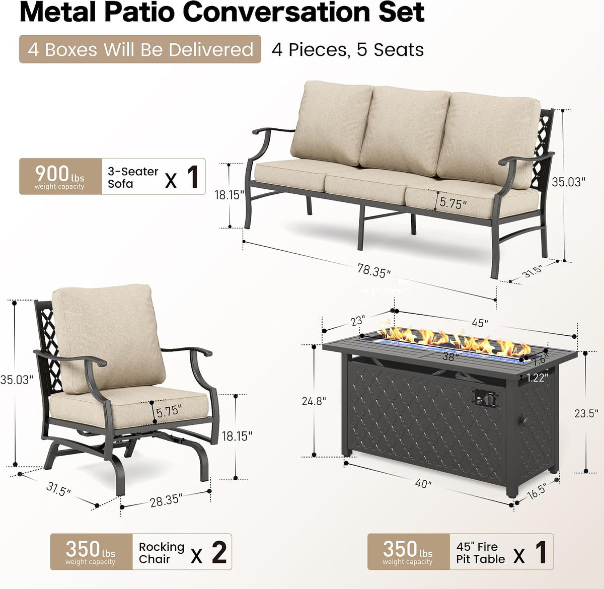 SUNSHINE VALLEY Patio Furniture Set with Firepit Table, 4 Piece Metal Outdoor Patio Furniture, 2 Rocking Chairs and 3 Seater Sofa with 5.75' Extra Thick Cushion and Gas Firepit Table for Backyard Deck