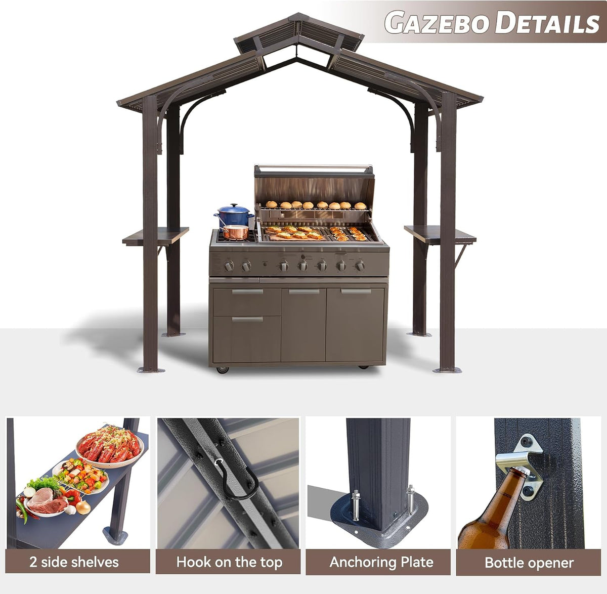 8x5FT Grill Gazebo, Outdoor Hardtop Metal Gazebo with 2 Side Shelves and Ceiling Hooks, Galvanized Steel Double Roof, All-Weather Hard Top Grill Canopy for Patio, Backyard, Lawn, Deck – Brown