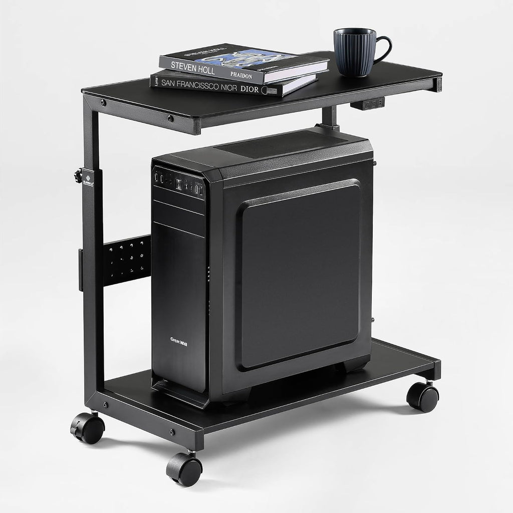 EUREKA ERGONOMIC Height Adjustable Computer Tower Stand, Illuminated Glass Panel PC Stand w/RGB Lights, 2-Tier CPU Holder Cart Under Desk, PC Floor Stand for Office Gaming, APP Control