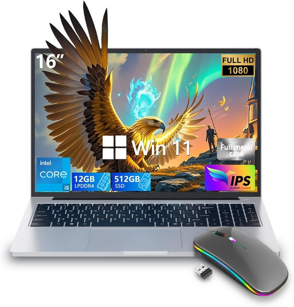 ZOLWAYTAC Gaming Laptop 16' Ultra-Slim-Intel Core i5(Up to 3.5GHz),12GB DDR4+512GB SSD,1920x1200 IPS 16:10 Display,WiF& BT,HDMI/Type-C,Aluminum Body for Working&Playing,Suited for Light Gaming,Silver