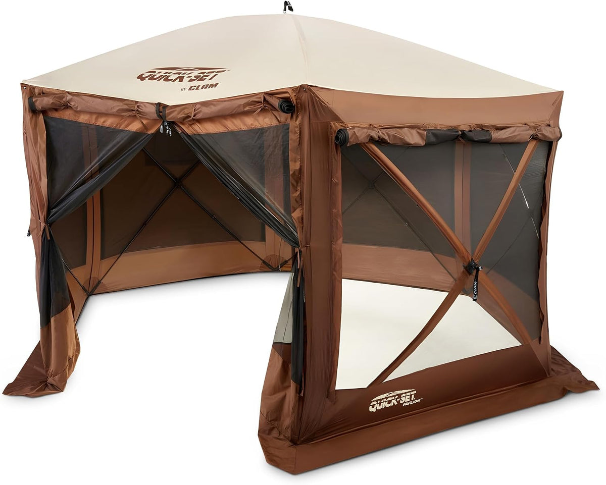 CLAM Quick-Set Pop Up Screen Tent, Pavilion, 12.5 ft, Instant Setup Brown Large Outdoor Gazebo Canopy Shelter, Spacious 8-Person Bug-Free Tent for Parties, Backyard, Camping, Events - Brown
