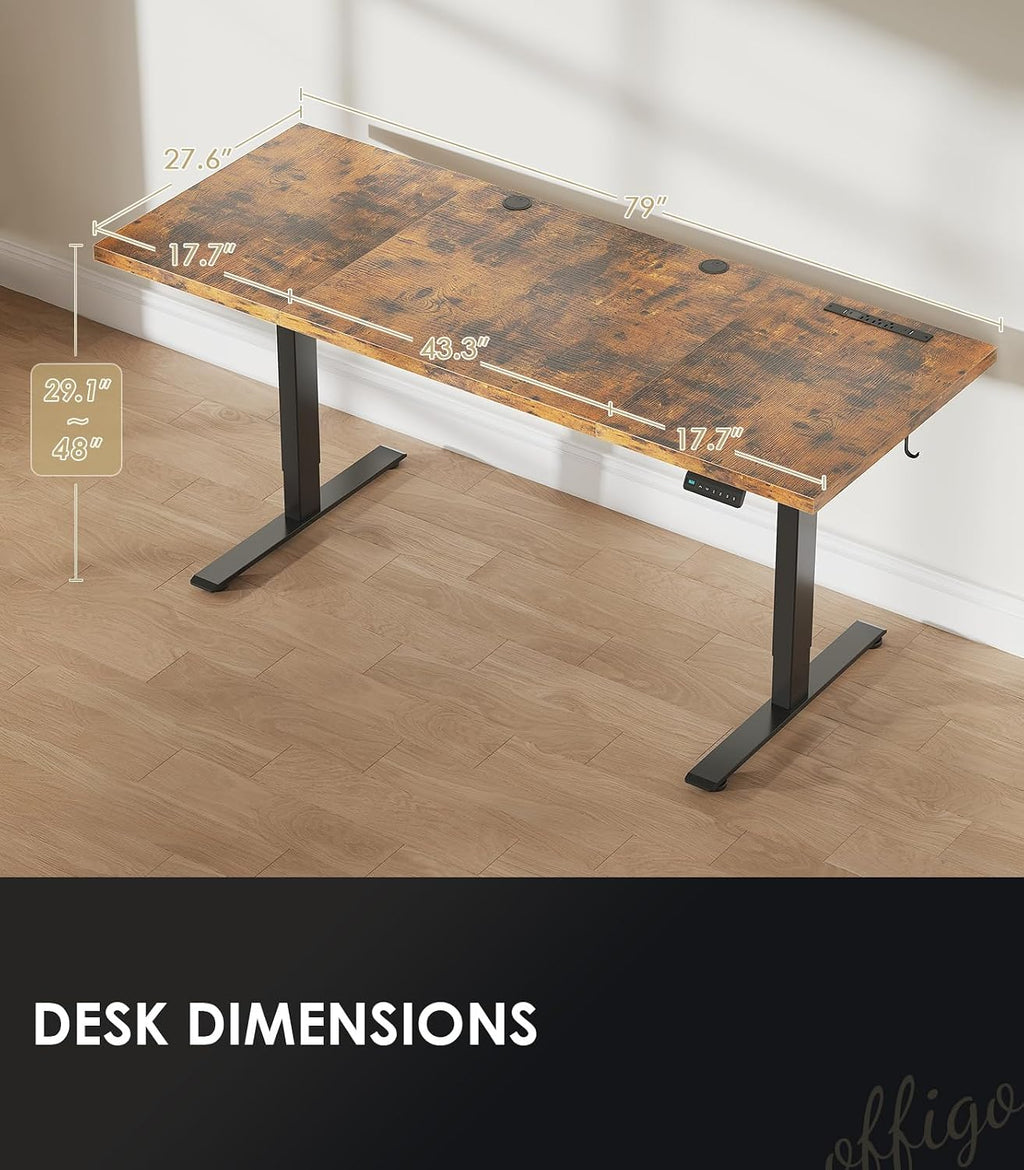 OffiGo 79 Inch Executive Electric Standing Desk, Height Adjustable Desk with Power Outlet & 1.38' Thick 3-Piece Desktop, Sit Stand Computer Desk for Home, Office, Conference Room, Rustic Brown