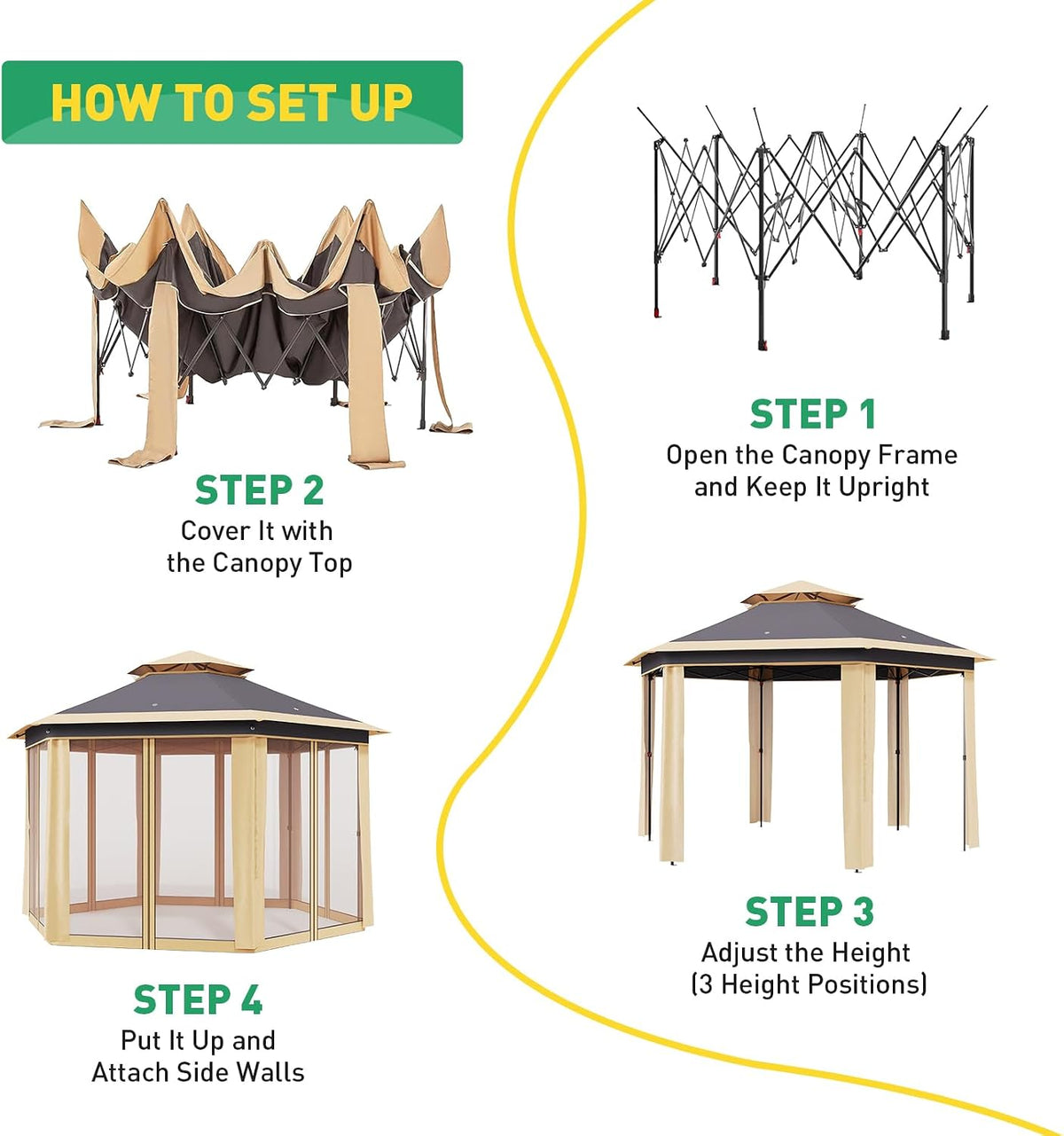 13' x 13' Pop-Up Gazebo, Hexagonal Canopy Shelter with 6 Zippered Mesh Netting, Event Tent with Strong Steel Frame for Backyard, Garden, Lawn, Khaki and Beige