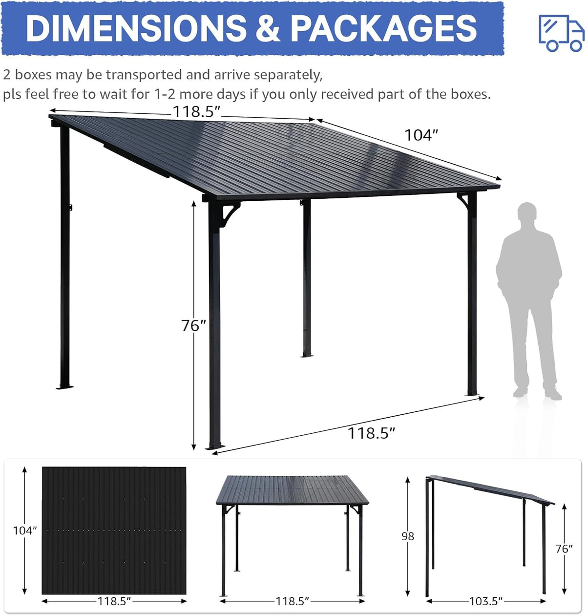 SUNSITT 8 * 10FT Outdoor Gazebo, Lean to Gazebo Pergola w/Drainage Holes, Wall-Mounted Gazebos with Galvanized Iron Hard Top Awnings for Yard, Dark Grey