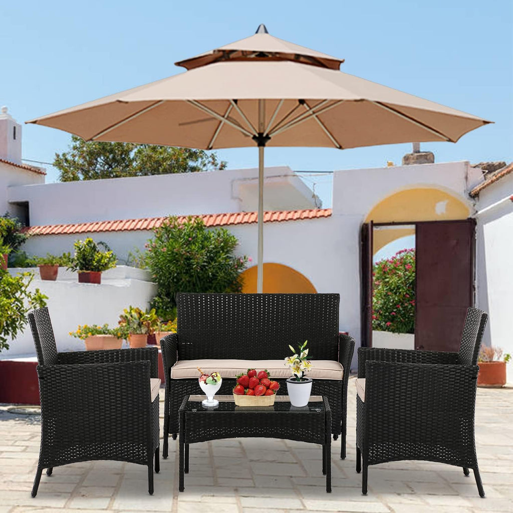 Patio Furniture Set Conversation Chairs, 4 Pieces Wicker Patio Set Outdoor Patio Seating Rattan Patio Sofa with Table for Balcony Backyard Front Porch Decor, Conversation Set with Cushion Seat, Black