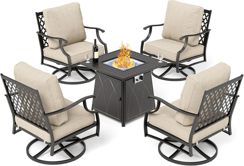 SUNSHINE VALLEY Patio Furniture Set with Firepit Table, 5 Piece Metal Outdoor Patio Furniture set for 4, 4 Swivel Chairs with 5.75' Extra Thick Cushion and Gas Firepit Table for Backyard Poolside Deck