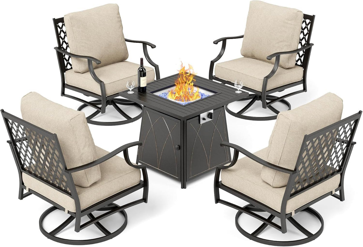 SUNSHINE VALLEY Patio Furniture Set with Firepit Table, 5 Piece Metal Outdoor Patio Furniture set for 4, 4 Swivel Chairs with 5.75' Extra Thick Cushion and Gas Firepit Table for Backyard Poolside Deck