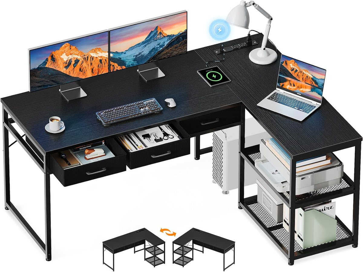 AODK 53 Inch L Shaped Computer Desk with Drawers, Corner Desk with Power Outlets & Reversible Storage Shelves, for Home Office Gaming, Black