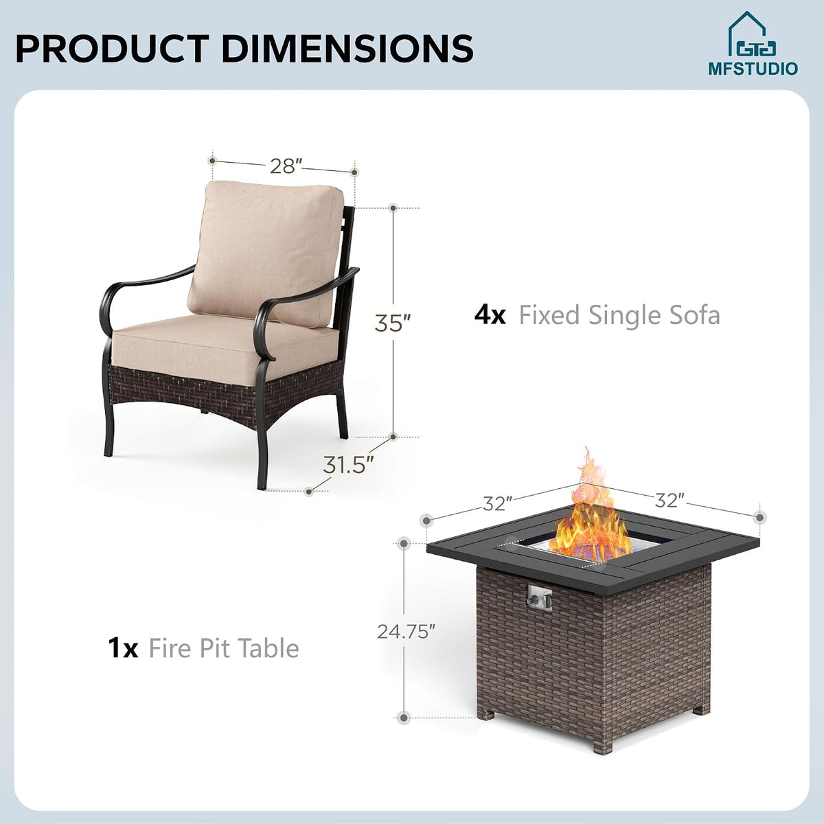 MFSTUDIO 5 Pieces Outdoor Patio Furniture Set, Metal Outdoor Conversation Sofa, Rattan Wicker Patio Sectional Sofa Set with 4 x Fixed Single Sofa, 1 x Fire Pit Table, Beige