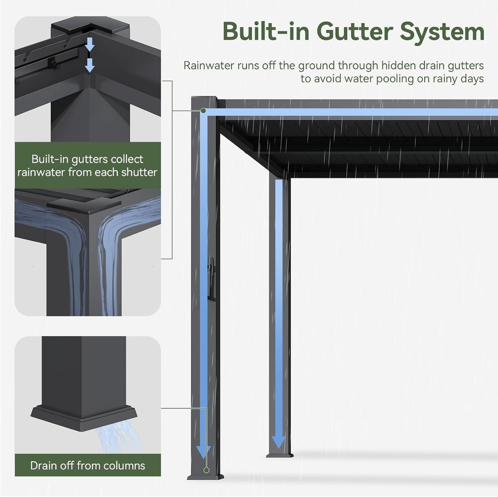 Aoxun Patio Louvered Pergola 10' x 13' 96S Outdoor Metal Pergola with Adjustable Top for Decks, Gardens and Backyards, Easy Assembly via Structural Patent, Gray