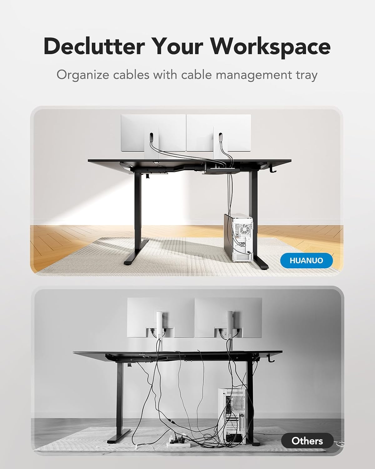 HUANUO Dual Motor L-Shaped Standing Gaming Desk, 71 x 48 inch Corner Standing Desk, Electric Adjustable Gamer Computer Table with Cable Tray & 3 Preset Heights, Raising Table for Home Office, Black