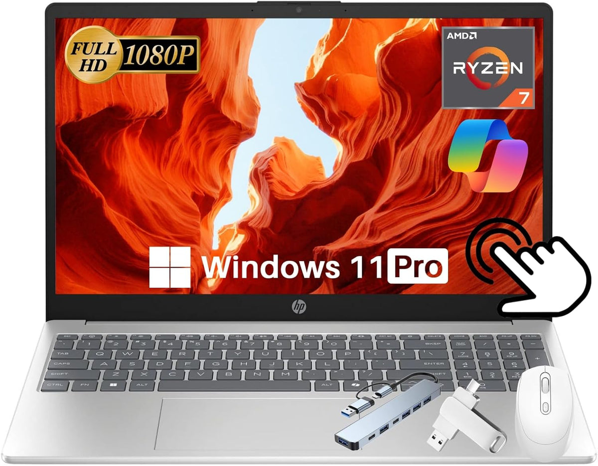 HP 15.6' Touchscreen Business Laptop 2025 New, 15.6 inch Anti-Glare FHD IPS Touchscreen, AMD Ryzen 7 7730U(Beat i7), 10+Hours Battery Life, 64 GB RAM, 1 TB SSD, Copilot, Windows 11 Pro, Accessories