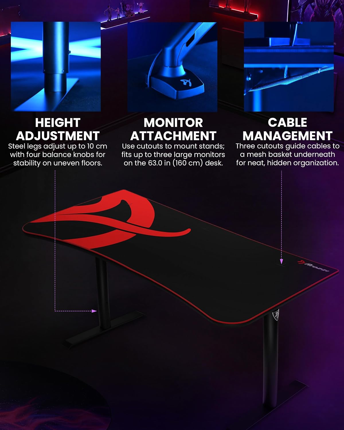 Arozzi Arena Gaming Desk 63' Wide, Ultrawide Curved Gaming and Office Desk, Large Gaming Desk with Custom Monitor Mount & Cable Management Under Desk (Black)