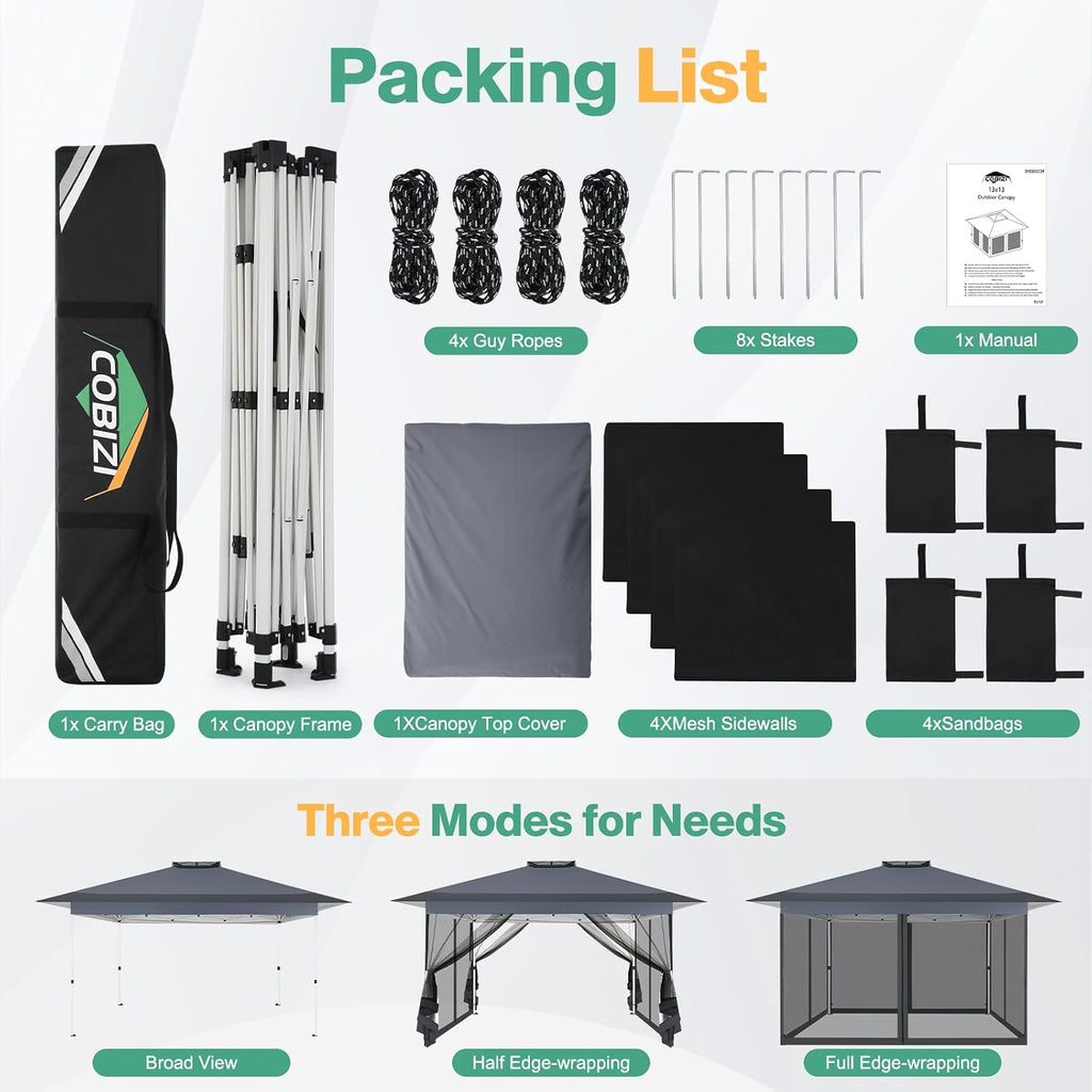 COBIZI 12x12 Pop Up Gazebos On Clearance - Upgrade Easy Up Metal Outdoor Gazebo Waterproof - Portable Gazebo with Mosquito Nettings, 4 Ropes 8 Stakes and Carry Bag for Patio Garden(Dark Gray)