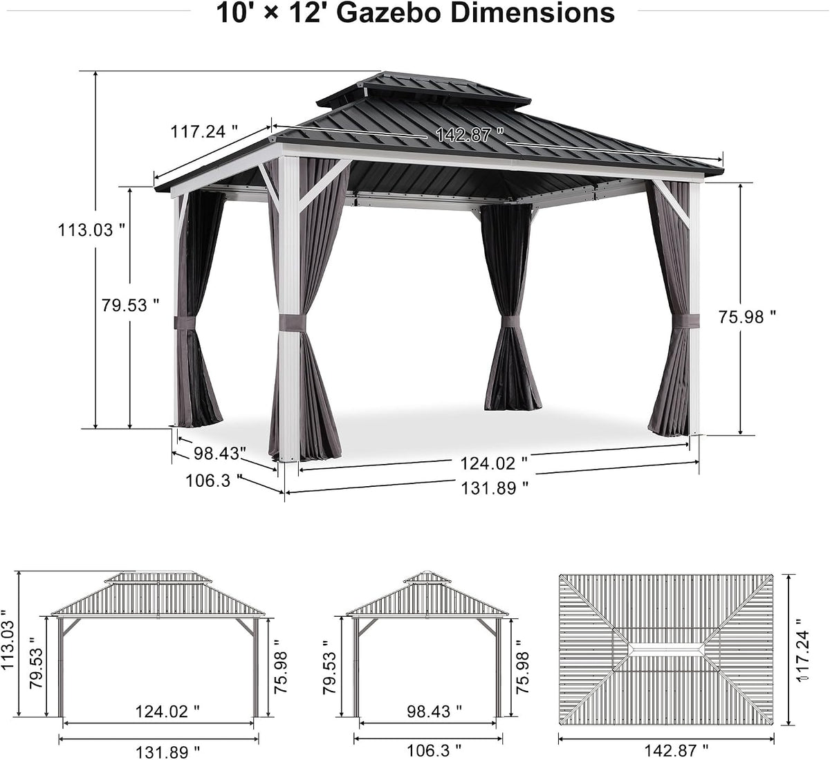 PURPLE LEAF 10' X 12' Hardtop Gazebo Metal Double Roof White Aluminum Frame Outdoor Heavy Duty Gazebo with Curtain and Netting for Patio Garden and Backyard, Grey