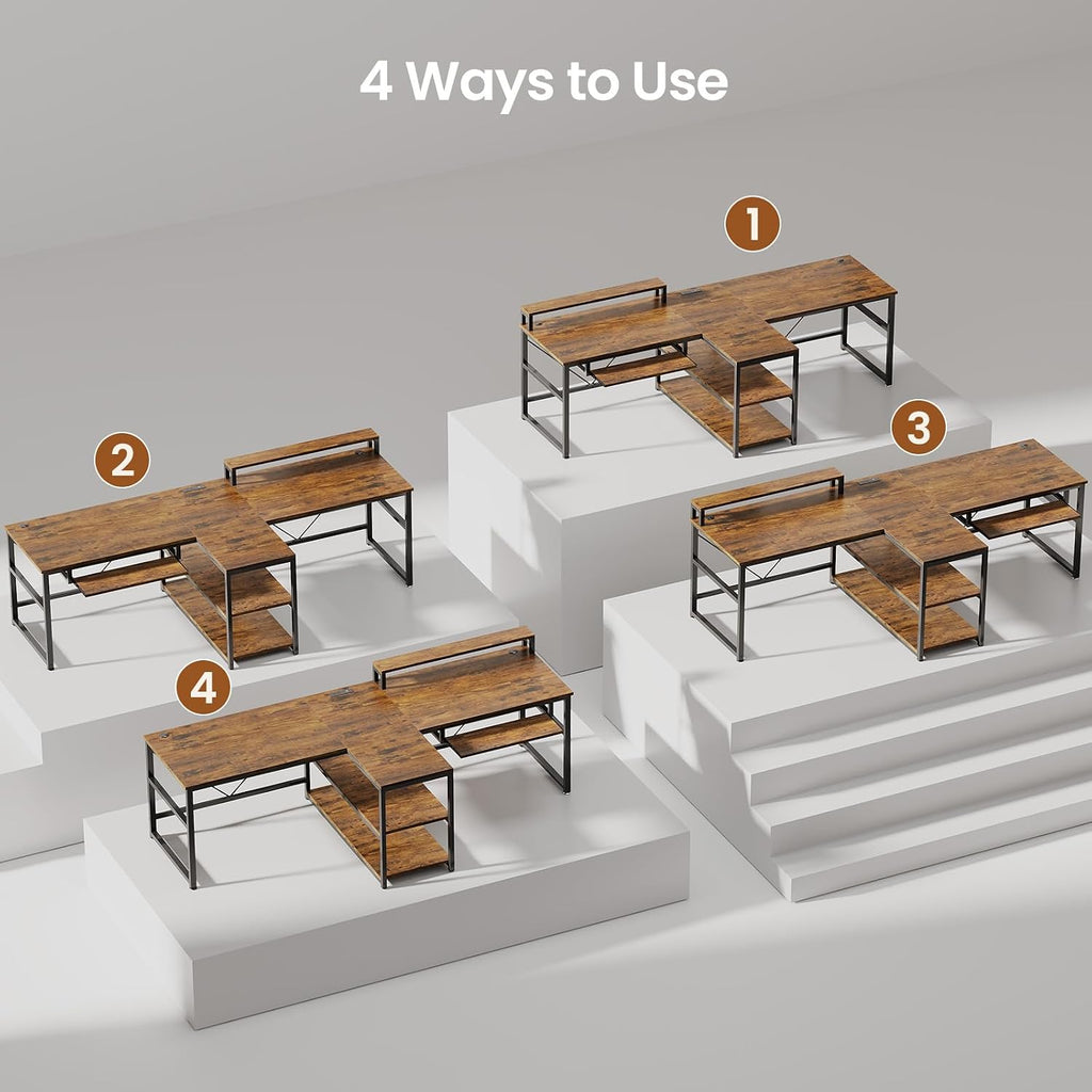 SEDETA 94.5' Home Office Desks, Computer Gaming Desk with Storage, LED Lights, Power Strip with USB, Keyboard Tray & Monitor Stand, Extra Long Double Desk for 2 Person, Rustic Brown