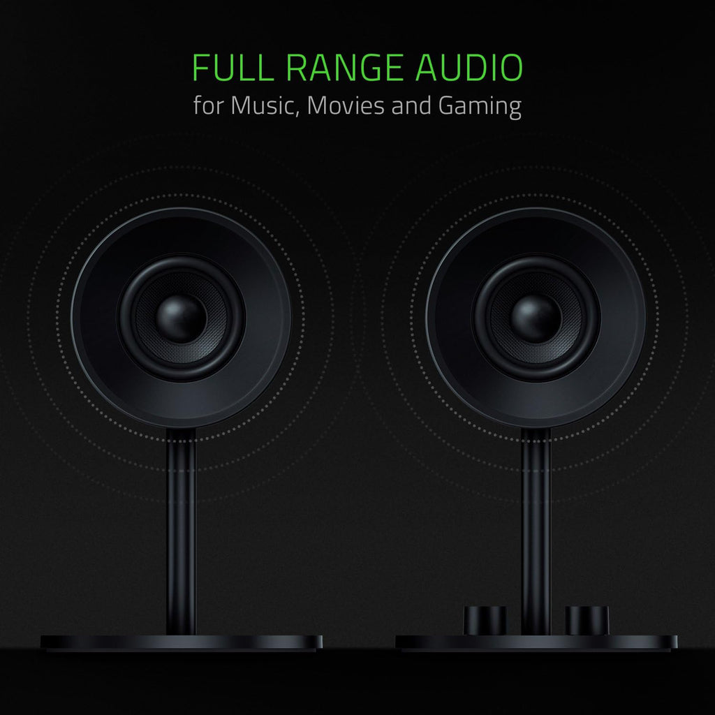 Razer Nommo: Custom Woven Fiberglass 3' Drivers - Rear-Facing Bass Ports - Bass Knob w/Automatic Gain Control - Full Range 2.0 PC Gaming Speakers