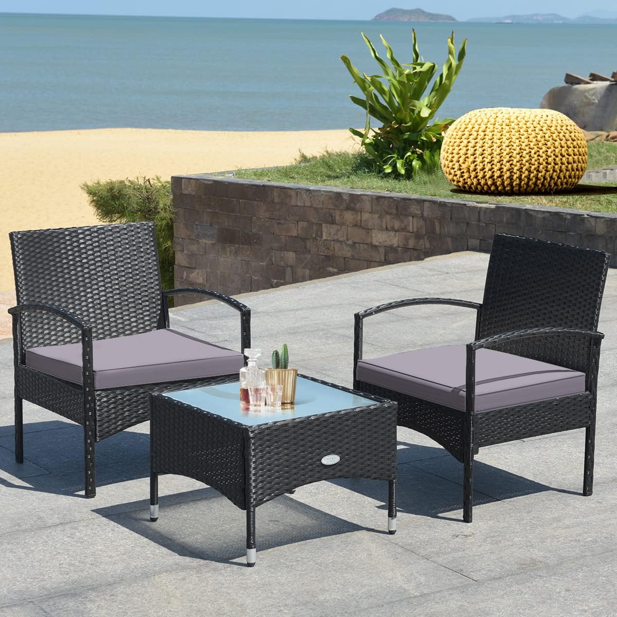Tangkula 3 Pieces Patio Wicker Rattan Furniture Set, Rattan Chair with Coffee Table, High Load Bearing Chair Conversation Sets for Patio Garden Lawn Backyard Pool
