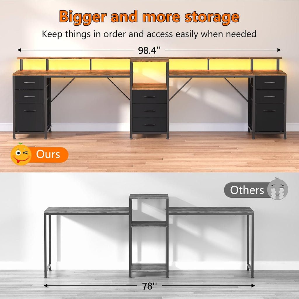 YOMILUVE 98.4' Long Computer Desk with 9 Drawers, 2 Person Gaming Desk with LED Lights & Power Outlet, Two Person Home Office Desk with Storage, Printer Shelf ＆ Monitor Stand, Rustic Brown