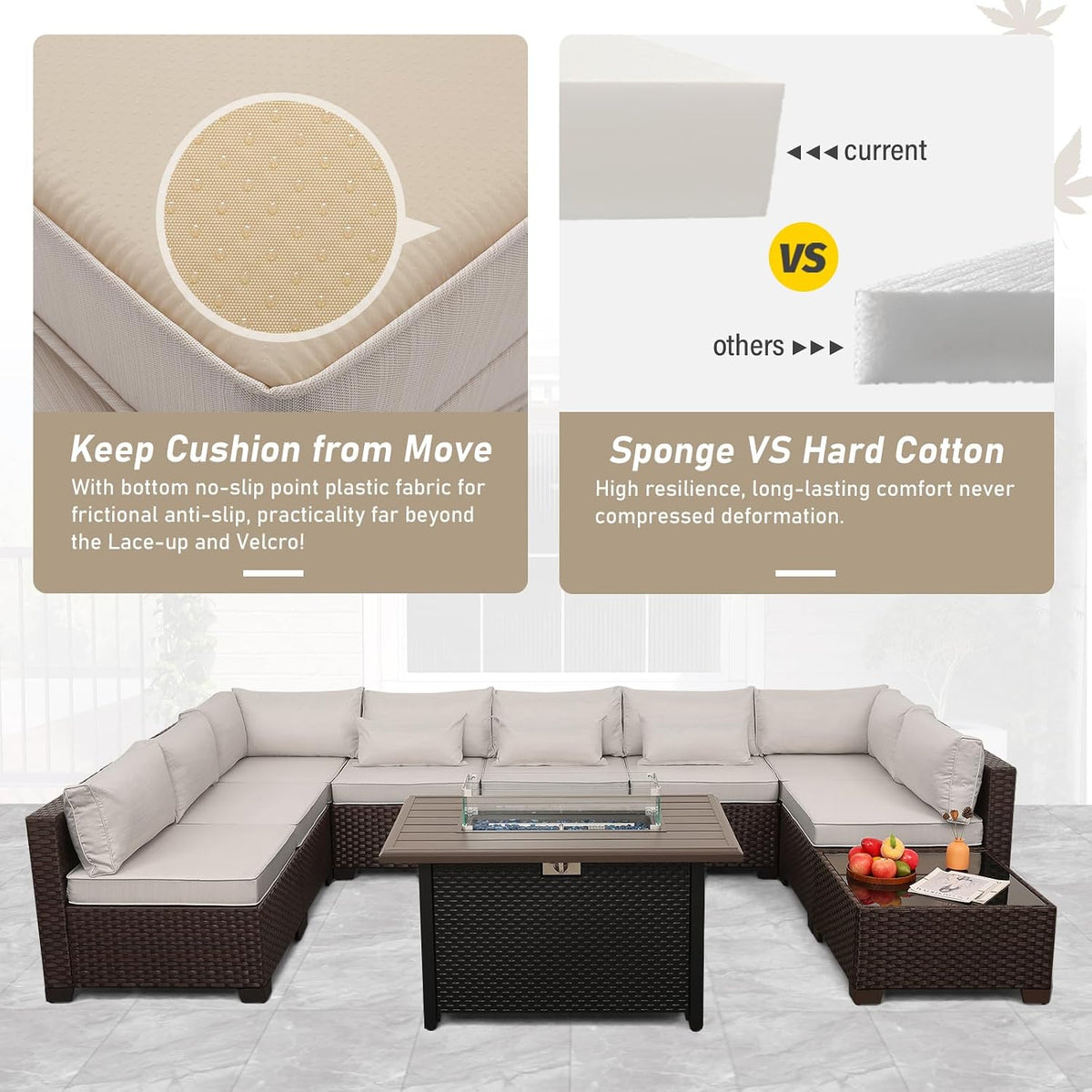 Lviden 10 Pieces Wicker Patio Furniture Set Outdoor PE Rattan Sectional Conversation Sofa Set with Non-Slip Cushions and 45' Fire Pit Table, Beige