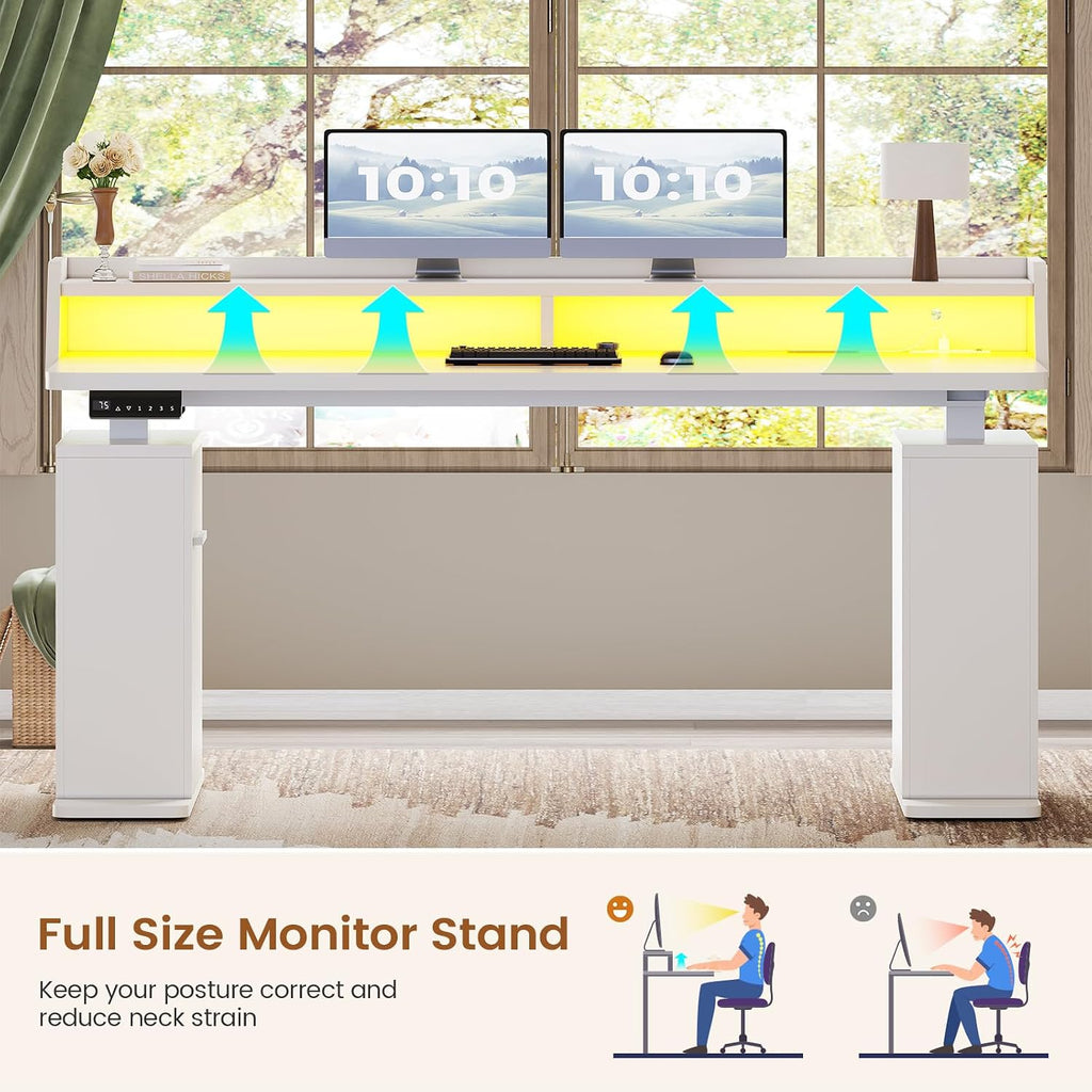 SEDETA Standing Desk with Storage, 55' Fluted Stand Up Desk with Power Outlets & LED Lights, Height Adjustable Table with Monitor Shelf for Home Office, Gaming, White
