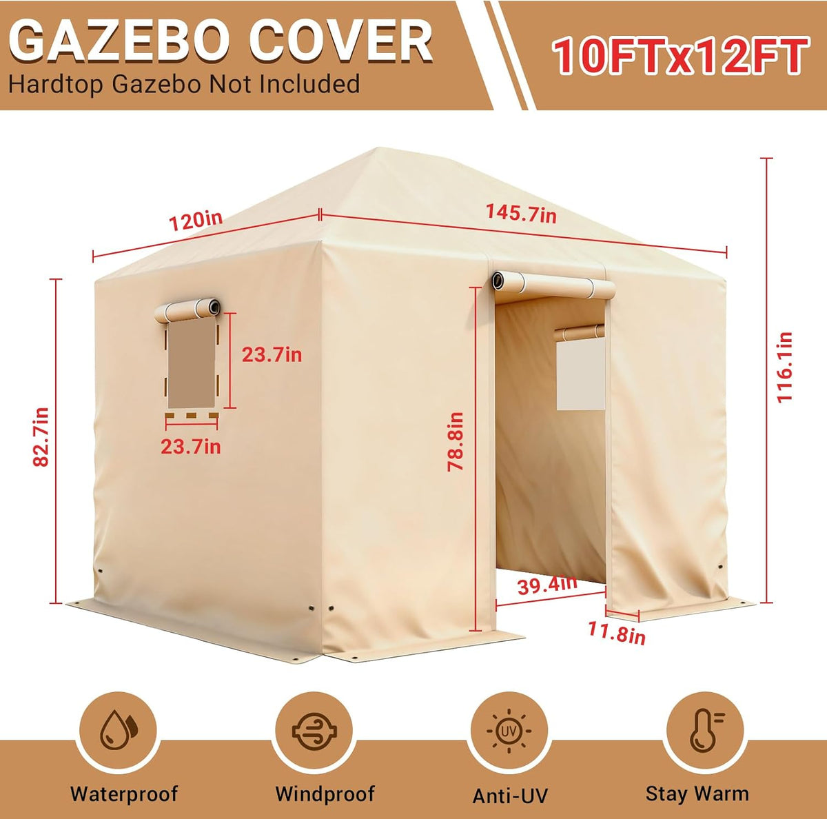 Winter Gazebo Cover for 10x12 Outdoor Hardtop Gazebos, Waterproof Enclosed Canopy Protective Covers Gazebo Accessories with 4 Sand Bags