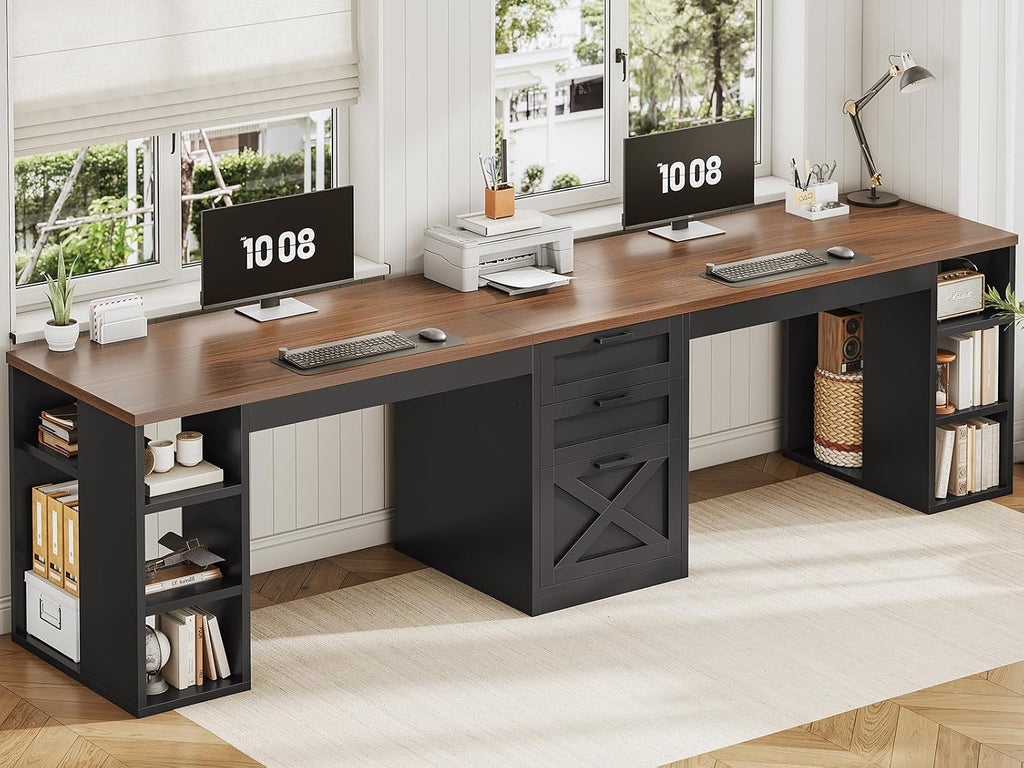 SEDETA Farmhouse 96.5' Office Desk with Drawers, 2 Person Gaming Desk with Storage, Double Computer Desk with Storage Drawers, Long Two Person Writing Desk, Black