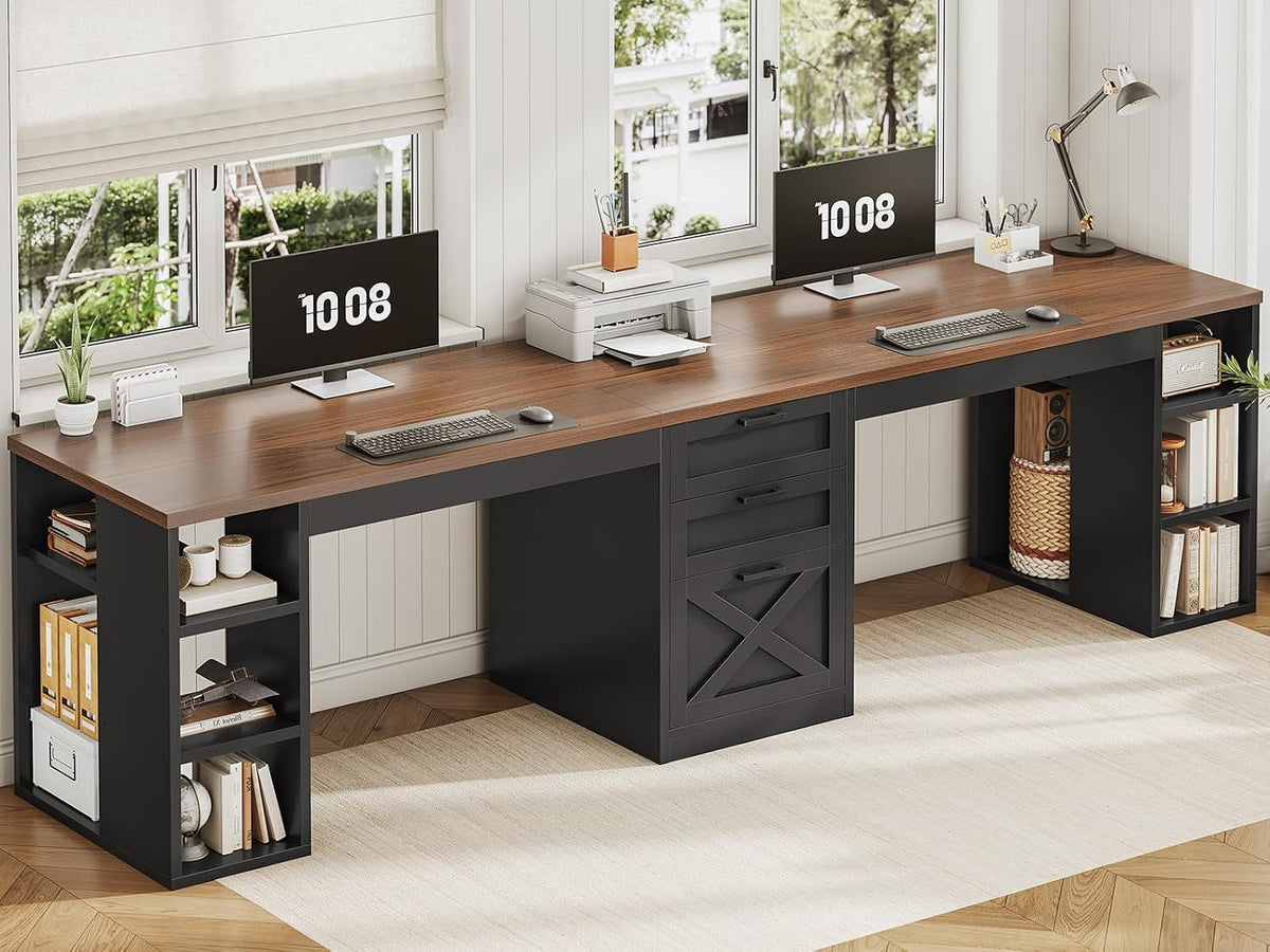 SEDETA Farmhouse 96.5' Office Desk with Drawers, 2 Person Gaming Desk with Storage, Double Computer Desk with Storage Drawers, Long Two Person Writing Desk, Black