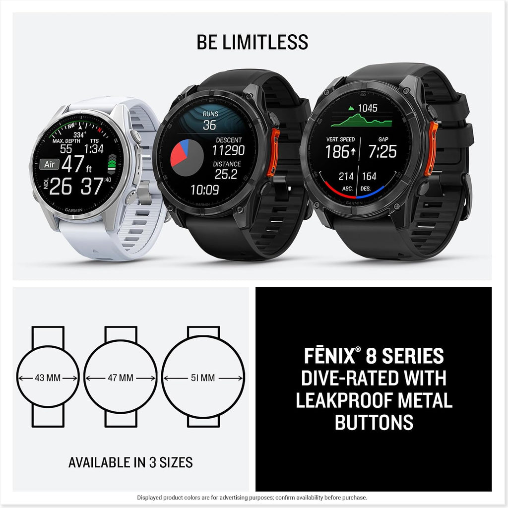 Garmin fēnix® 8 – 43mm, AMOLED, Premium Multisport GPS Smartwatch, Long-Lasting Battery Life, Dive-Rated, Built-in LED Flashlight, Silver with Whitestone Band
