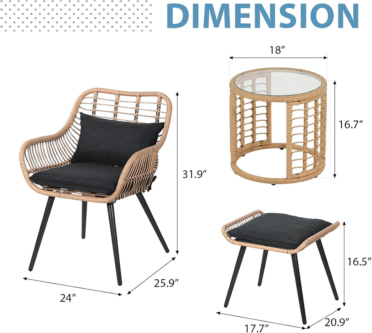 JOIVI 5 Piece Wicker Patio Furniture Set, Rattan Outdoor Bistro Set with 2 Ottomans and Coffee Side Table, Small Patio Conversation Set for Balcony, Front Porch, Garden, Backyard, Black